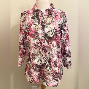 Christopher & Banks Pink Green Tropical Leaf L Grandma Chic Coastal Preppy Top